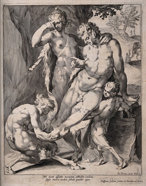 A satyr wearing spectacles removes a thorn from the foot of a male faun while a female faun and boy satyr observe, with printed latin verse. Line engraving by G. Piccini after J. Muller after B. Spranger.