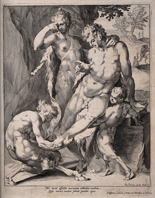 A satyr wearing spectacles removes a thorn from the foot of a male faun while a female faun and boy satyr observe, with printed latin verse. Line engraving by G. Piccini after J. Muller after B. Spranger.