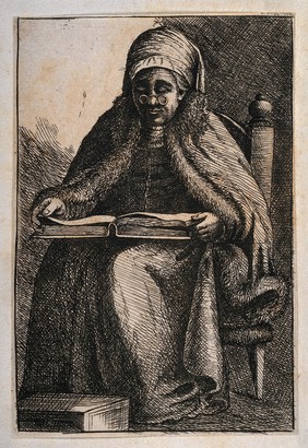 An old woman sitting and reading a book. Etching after Rembrandt.