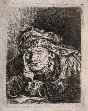 An old woman falling asleep over reading a book. Etching by F. Novelli after Rembrandt van Rijn.