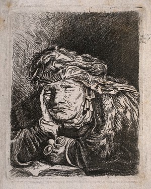 view An old woman falling asleep over reading a book. Etching by F. Novelli after Rembrandt van Rijn.