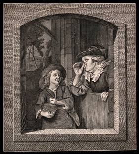 A boy plays his 'rommelpot' to an old woman who peers over her spectacles. Line engraving.