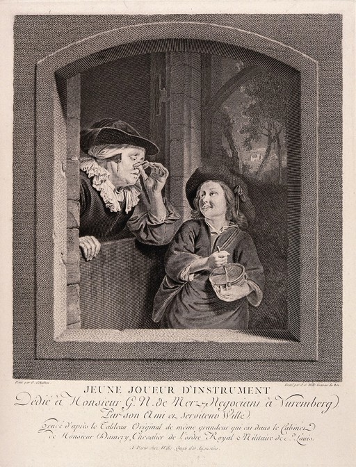A young boy plays his 'rommelpot' for an old woman as she peers through her spectacles at him. Line engraving by J.G. Wille after G. Schalken.