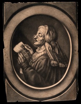 An old woman wearing spectacles, reading the paper. Mezzotint.