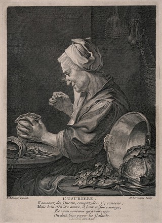 A money lender sits at her kitchen table studying her money. Line engraving by D. Sornique after F.A. Kraus.