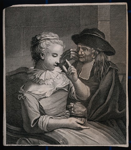 A young blind woman gives a cleric a sum of money, while he peers through his spectacles. Line engraving.