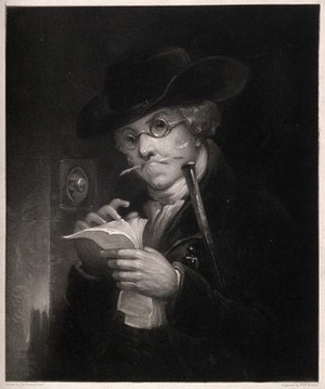 view A debt collector (?) thumbing through his papers outside a front door. Mezzotint by W. Bonnar after T. Bonnar the elder.