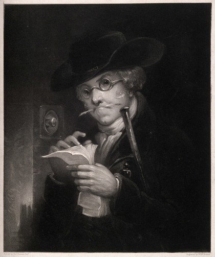 A debt collector (?) thumbing through his papers outside a front door. Mezzotint by W. Bonnar after T. Bonnar the elder.