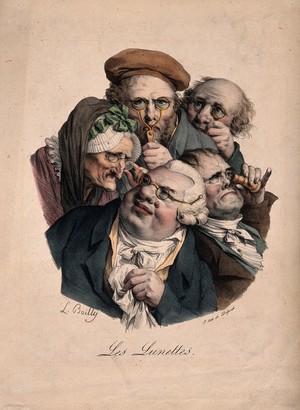 view Five people looking through various types of spectacles. Colour lithograph by F.S. Delpech after L.L. Boilly.