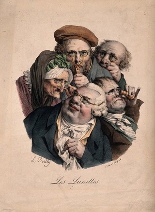 Five people looking through various types of spectacles. Colour lithograph by F.S. Delpech after L.L. Boilly.