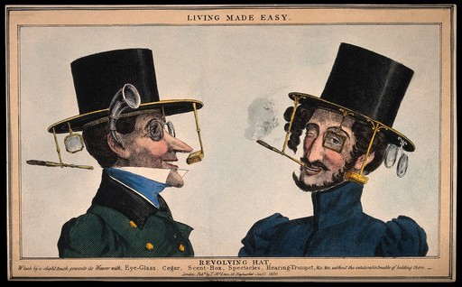 A humorous image of two men wearing revolving top hats with several attachments for optical aids and tobacco etc. Coloured etching.
