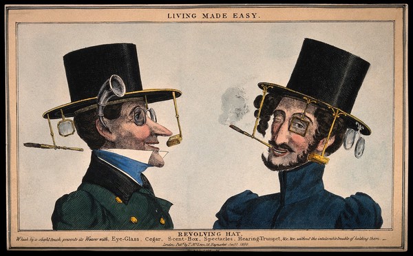 Two men wearing revolving top hats with several attachments for optical aids and tobacco etc. Coloured etching by R. Seymour, 1830.