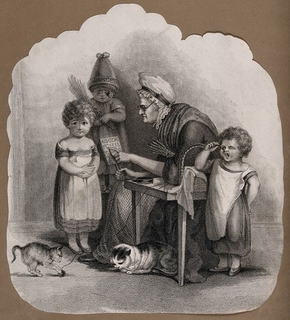 An old woman tries to teach three children the alphabet, one child is crying, another wears a dunce cap, meanwhile two cats play with a ball of wool. Stipple engraving.