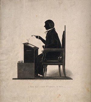 view Henry Brougham wearing wig and gown and holding spectacles in his hand at his desk with papers for 'Reform'. Aquatint silhouette by J. Bruce.