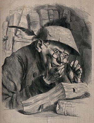 view A young man sits reading ledgers at his desk wearing spectacles and an eyeshade. Wood engraving after A. Oberländer.