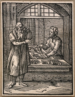 An old man trying on spectacles at a street vendor's optical shop. Woodcut by J. Amman, 1568.