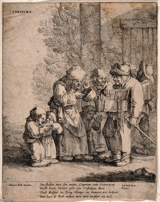 An old pedlar shows his wares to a crowd of people amongst which an old lady wearing spectacles takes a keen interest. Etching by J.D. Both after A.D. Both.
