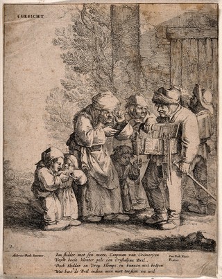 An old pedlar shows his wares to a crowd of people among which an old lady wearing spectacles takes a keen interest. Etching by J.D. Both after A.D. Both.