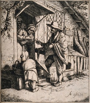 view A spectacles vendor showing his wares to an old woman on her doorstep. Etching by D. Deuchar, 1784, after A. van Ostade.