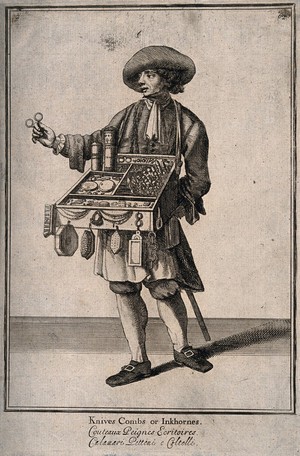 view A pedlar with his tray of wares holds up a pair of scissors. Line engraving after M. Laroon, 1711.