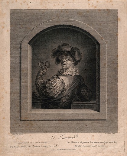 A seller of spectacles showing his wares and wearing a large pair of spectacles. Line engraving by N. Dupuis after F. Eisen.