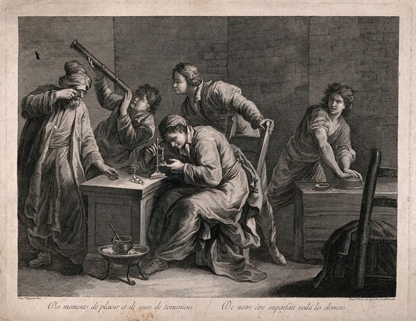 An old man wearing spectacles and his four pupils experiment using optical instruments and materials. Line engraving by F. Pedro after F. Maggiotto.
