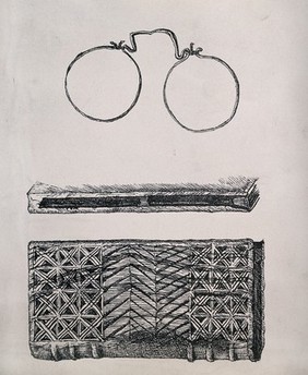 A pair of antique spectacles with their case. Transfer lithograph by C. Dims, 1877, after H. Strickland.