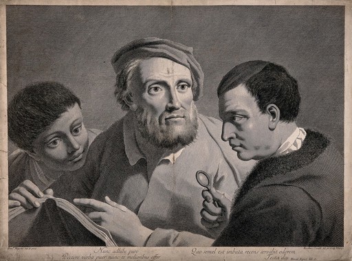 Two men and a boy read from a book, one man holds a magnifying glass. Line engraving by N. Cavelli after D. Maggiotto.
