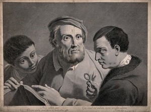 view Two men and a boy read from a book, one man holds a magnifying glass. Line engraving by N. Cavalli after D. Maggiotto.