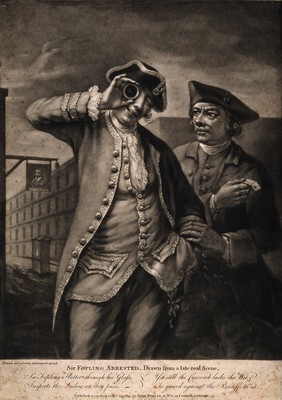 A young man, 'Sir Fopling Flutter' ogles women through a lens while a bailiff serves him a writ. Mezzotint, 1769, by J. Dixon after himself.