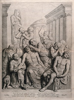 view Zaleucus having one of his eyes removed for one of his son's eyes, with six lines of verse by A. Montanus below. Line engraving by H. Quellinus after A. Quellinus.