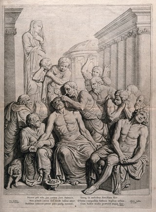 Zaleucus having one of his eyes removed for one of his son's eyes, with six lines of verse by A. Montanus below. Line engraving by H. Quellinus after A. Quellinus.