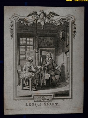 view John Milton dictating 'Paradise Lost' to his daughter due to his blindness. Line engraving by C. Grignion after S. Wale.