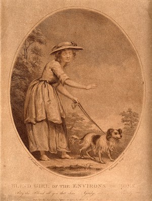 view A shoeless blind girl is led by a dog on a path. Sepia stipple engraving by T. Gaugain, 1785, after J. Northcote.