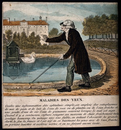 An old man walks with the aid of a stick and a visor to protect his eyes, printed text providing advice on eye illness and remedies. Coloured line engraving by Rainaud after F.A. Laguillermle.