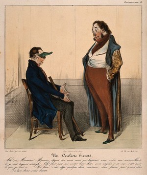 view An eye specialist (Monsieur Macaire) trying to convince a patient to spend more money on treatment. Coloured lithograph by H. Daumier after C.  Philipon.