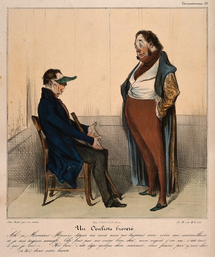 An eye specialist (Monsieur Macaire) trying to convince a patient to spend more money on treatment. Coloured lithograph by H. Daumier after C.  Philipon.