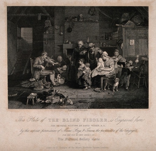 A blind fiddler plays to a family audience, a child to the right imitates the fiddler. Line engraving by T. Nicholson after D. Wilkie.