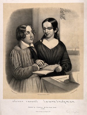 view Oliver Caswell and Laura Bridgman reading embossed letters from a book. Lithograph by W. Sharp, 1844, after A. Fisher.