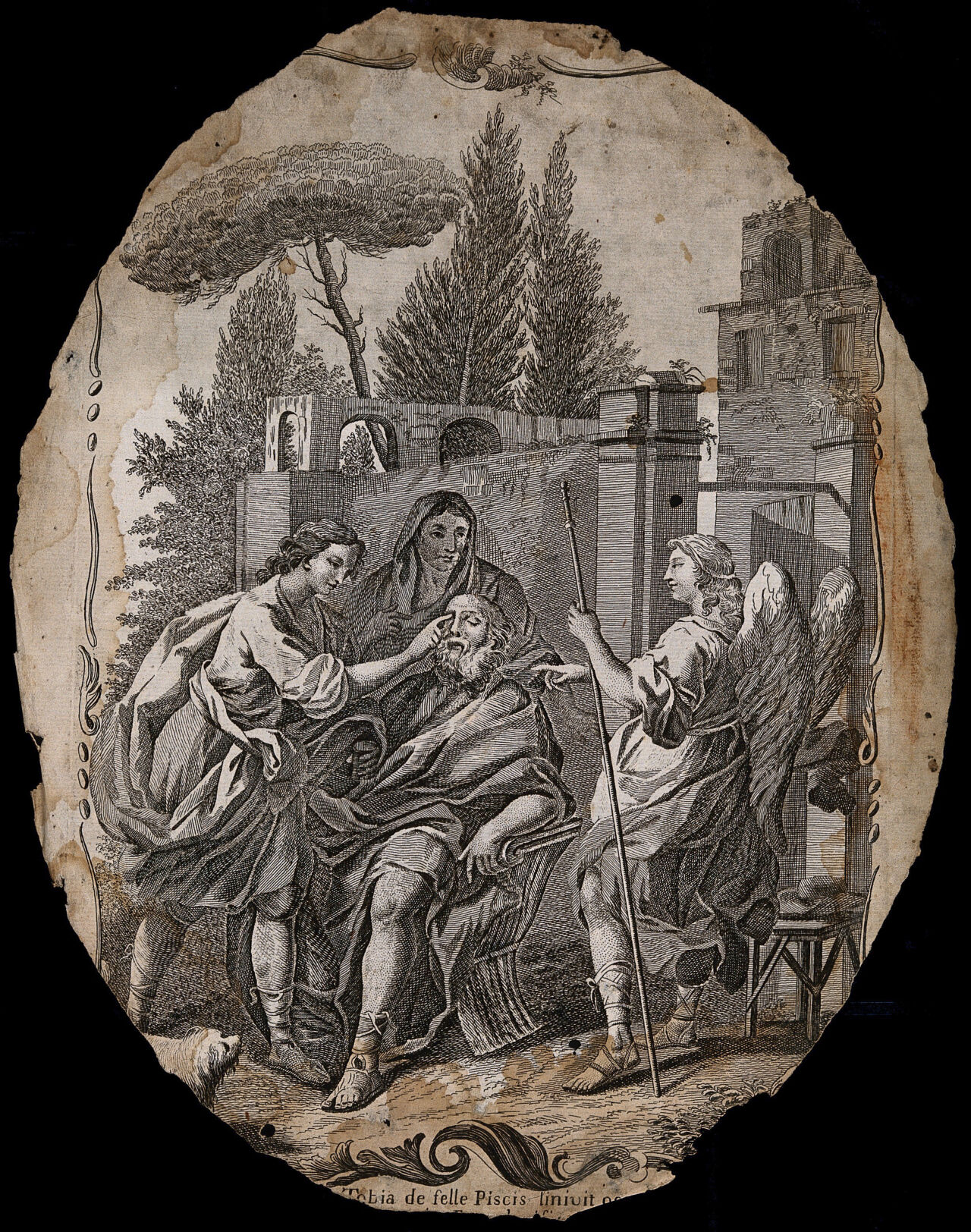 Tobit is cured of his blindness. Etching after G. Zocchi., 1700-1799, by Giuseppe Zocchi