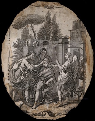 Tobit is cured of his blindness. Etching after G. Zocchi.