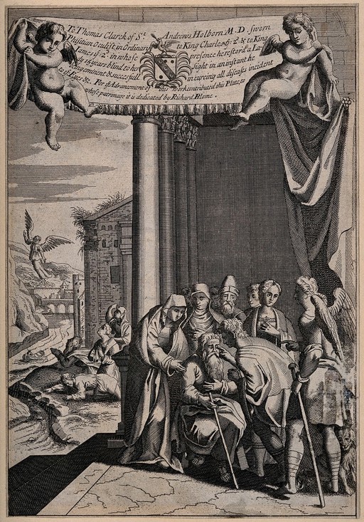 Tobias curing the eyesight of Tobit under the direction of Raphael, two cherubs hold up a banner with printed text and a coat of arms, while a crowd pray to an angel. Line engraving by M. van der Gucht, c. 1686, after G. Freman.