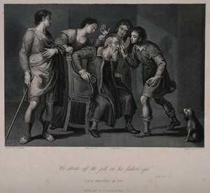 view Tobias curing his father's (Tobit) eyesight three others and a dog look on. Line engraving by J. Jenkins after A. Carracci.