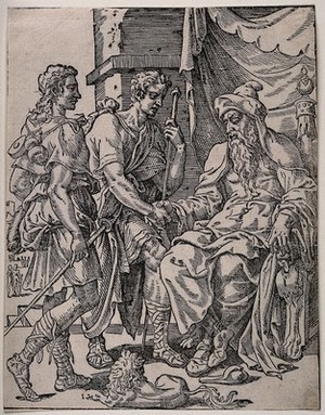 view Tobias and Azarius taking leave of Tobit. Woodcut by or after M. van Heemskerk.