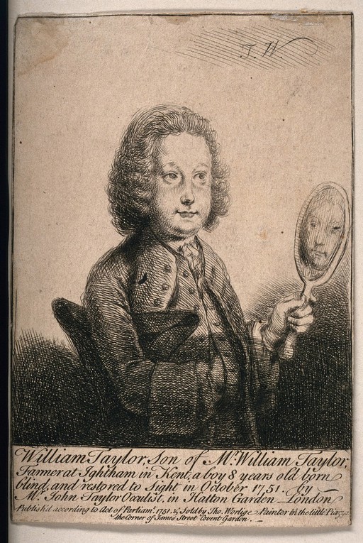 A portrait of a young man, William Taylor, looking in a mirror. Etching by T. Worlige, 1751, after himself.