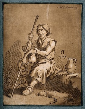 A blind beggar holds out his hat for money. Woodcut and colour mezzotint by C.W.E. Dietrich, 1757.