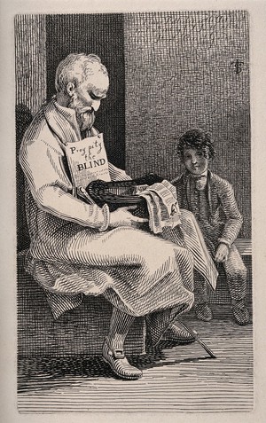 view A sitting blind beggar sells 'love sonnets' to obtain money with a boy. Etching by J.T. Smith, 1816.