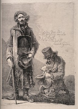 Two blind beggars, one stands with a placard around his neck and hat, the other kneels with a dog on his lap. Etching by J.T. Smith, 1816.
