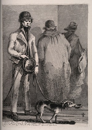 view A blind beggar walks past two figures guided by his dog with a begging bowl. Etching by J.T. Smith, 1816.