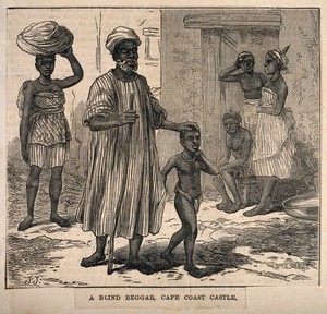 view Cape Coast Castle, Ghana: a blind man is led through the street by a boy. Wood engraving by J.J.